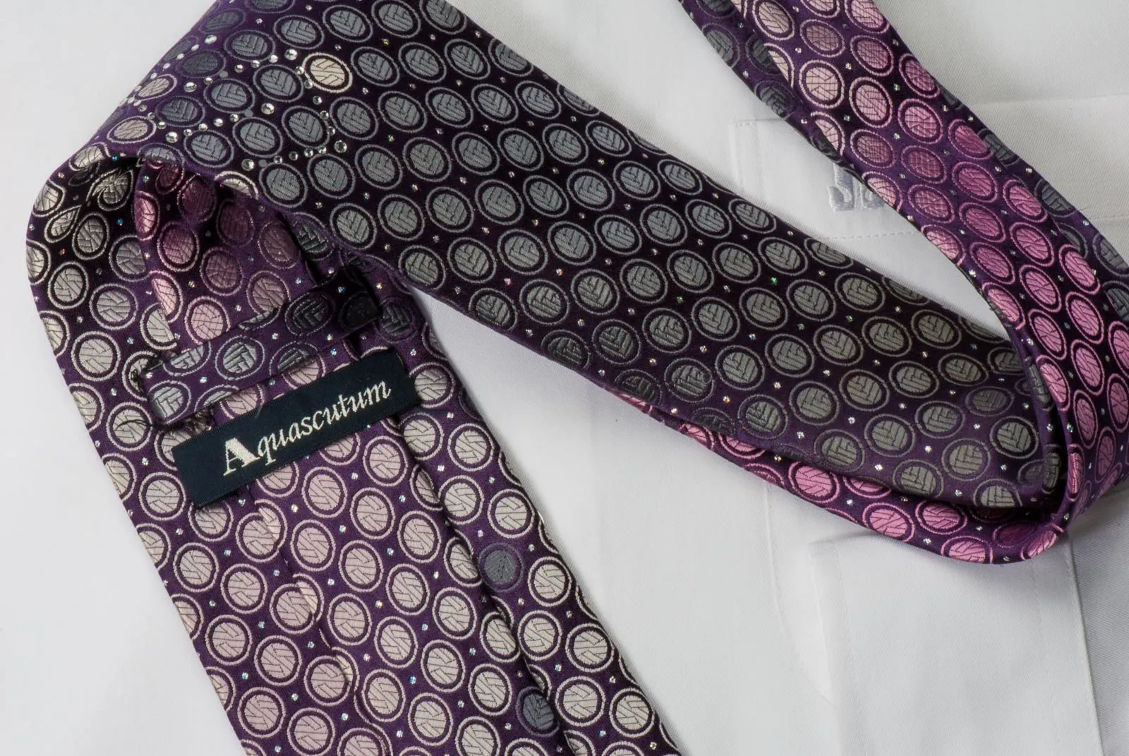 Aquascutum Rhinestone Tie Silver Geometric Dots On Purple With Silver Sparkles