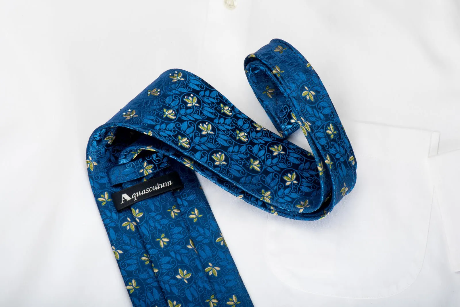 Aquascutum Silk Necktie Floral On Blue With Rhinestones