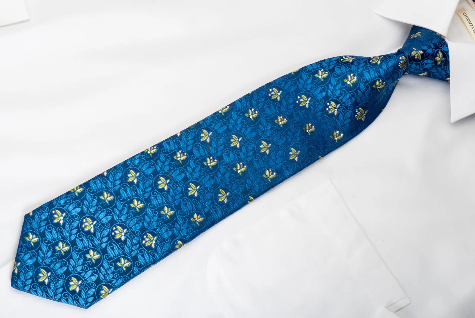 Aquascutum Silk Necktie Floral On Blue With Rhinestones