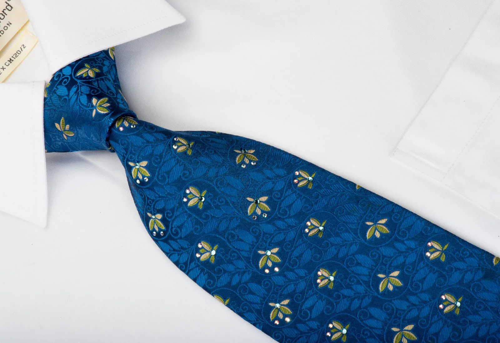 Aquascutum Silk Necktie Floral On Blue With Rhinestones