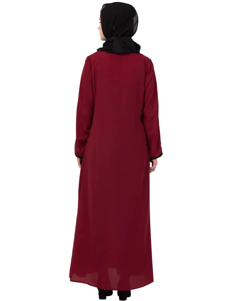 Arabic Contrast Piping at Sleeve Casual Abaya Maroon