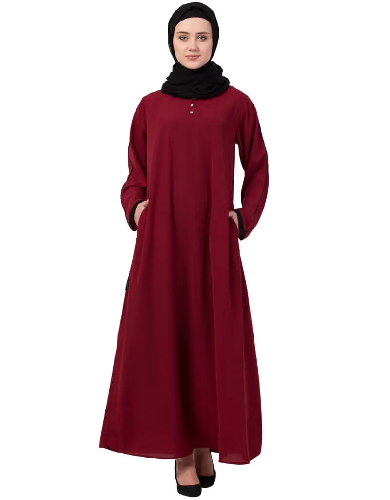 Arabic Contrast Piping at Sleeve Casual Abaya Maroon