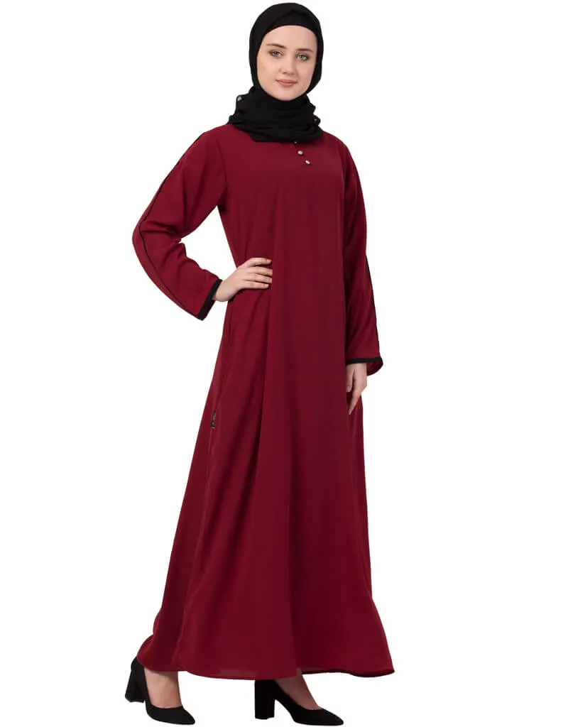 Arabic Contrast Piping at Sleeve Casual Abaya Maroon