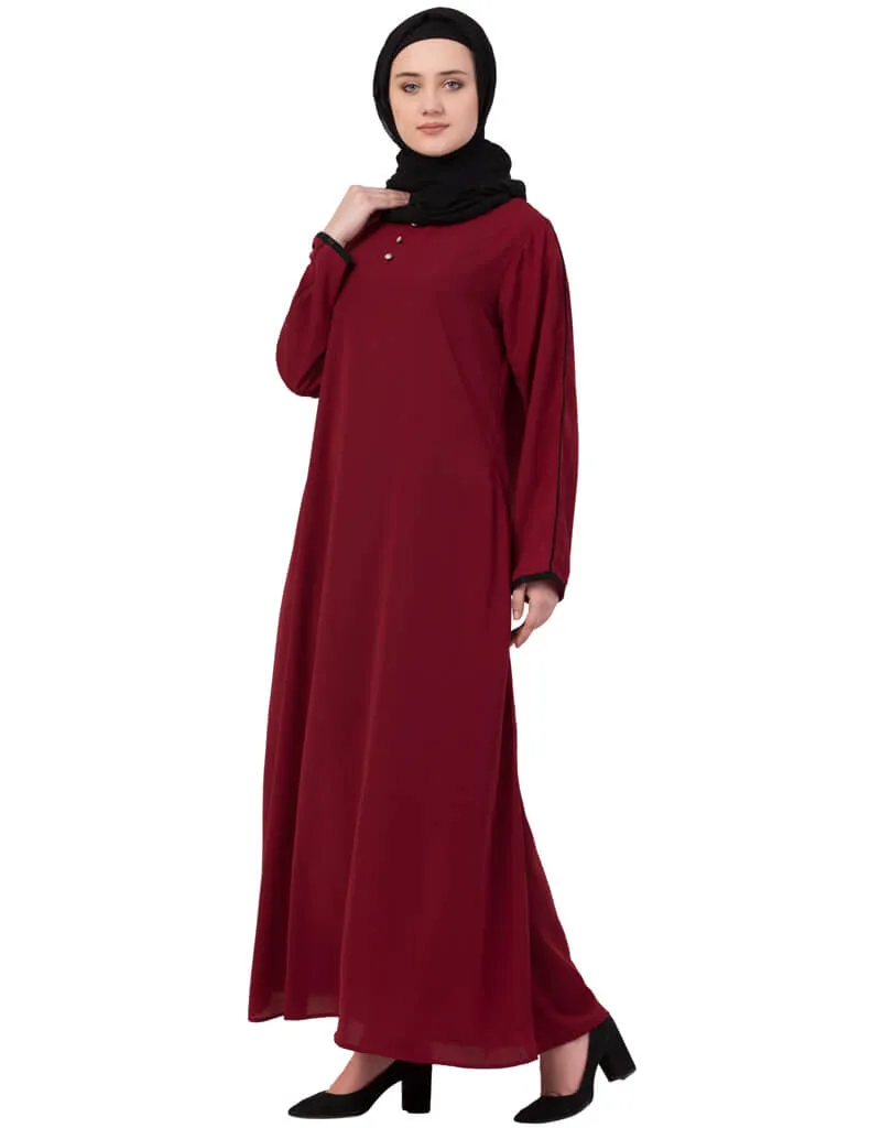 Arabic Contrast Piping at Sleeve Casual Abaya Maroon