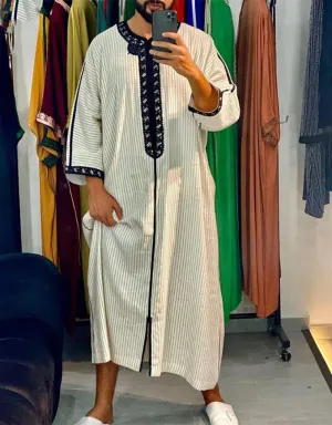 Arabic-Inspired Moroccan Kaftan: Casual Elegance in a Long Striped Dress for Muslim Men