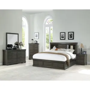 Araceli Queen Bed w/Bookcase Headboard and Storage Drawer, Dark Gray