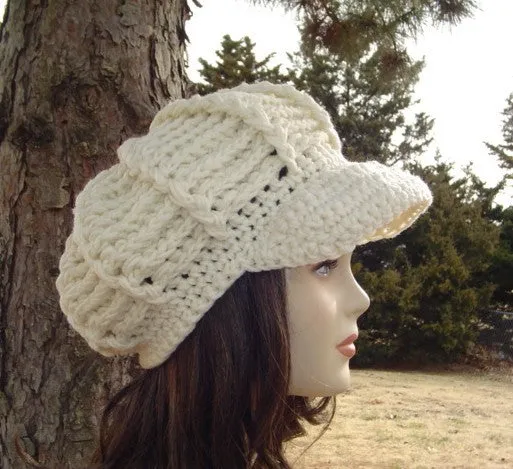 Aran Newsboy Cap, Visor Hat, cream billed Beanie, crochet cap, visor beanie hat, winter hat