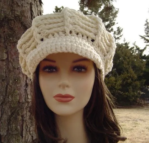 Aran Newsboy Cap, Visor Hat, cream billed Beanie, crochet cap, visor beanie hat, winter hat