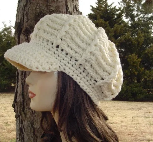 Aran Newsboy Cap, Visor Hat, cream billed Beanie, crochet cap, visor beanie hat, winter hat