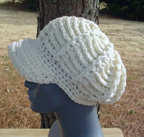 Aran Newsboy Cap, Visor Hat, cream billed Beanie, crochet cap, visor beanie hat, winter hat