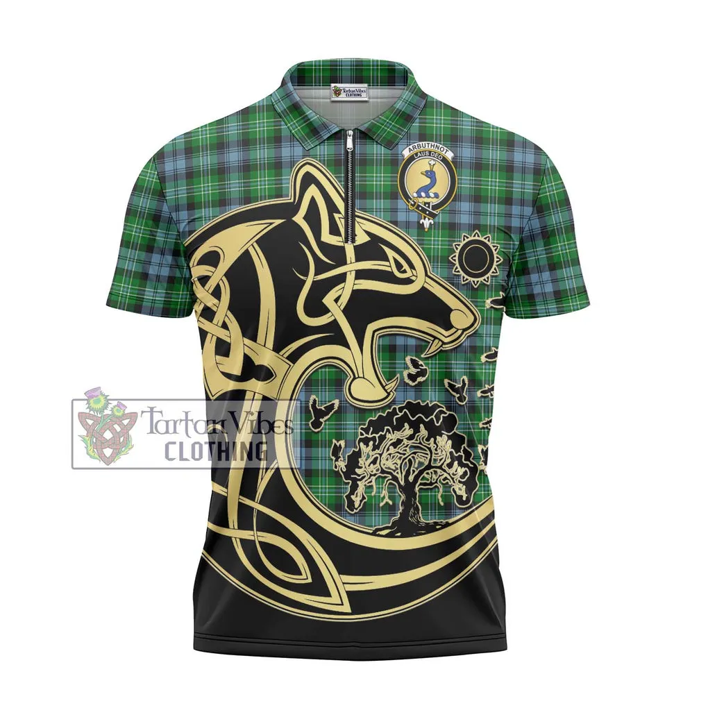 Arbuthnot Ancient Tartan Zipper Polo Shirt with Family Crest Celtic Wolf Style