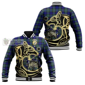 Arbuthnot Modern Tartan Baseball Jacket with Family Crest Celtic Wolf Style