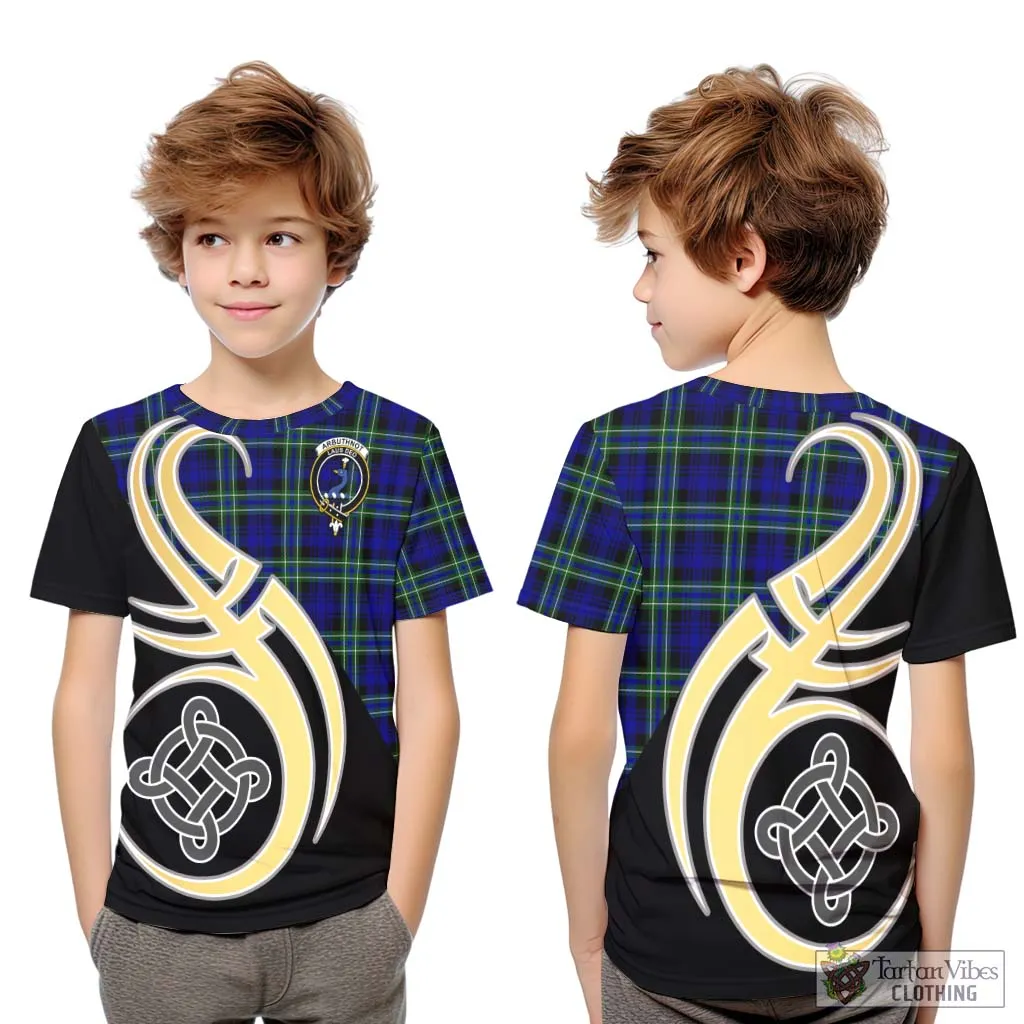 Arbuthnot Modern Tartan Kid T-Shirt with Family Crest and Celtic Symbol Style