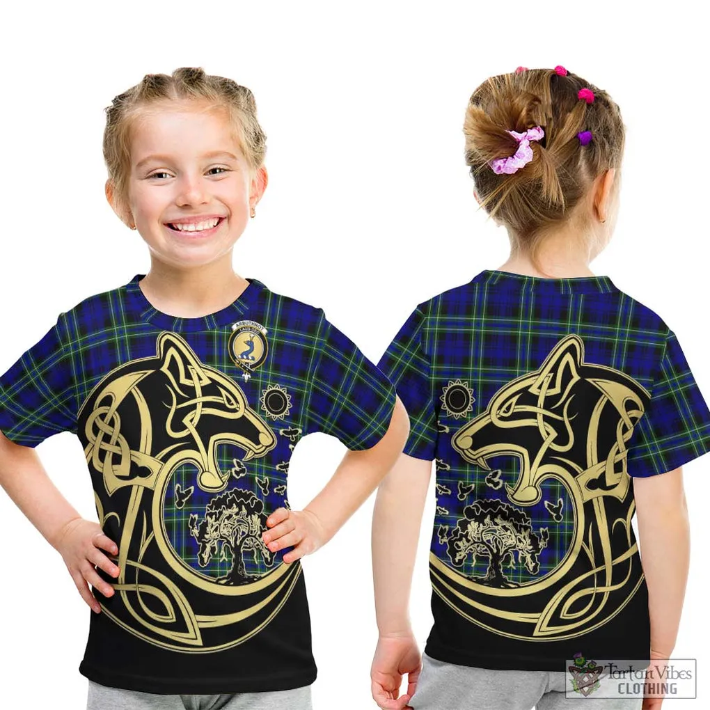 Arbuthnot Modern Tartan Kid T-Shirt with Family Crest Celtic Wolf Style