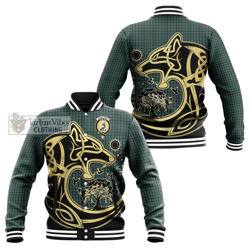 Arbuthnot Tartan Baseball Jacket with Family Crest Celtic Wolf Style