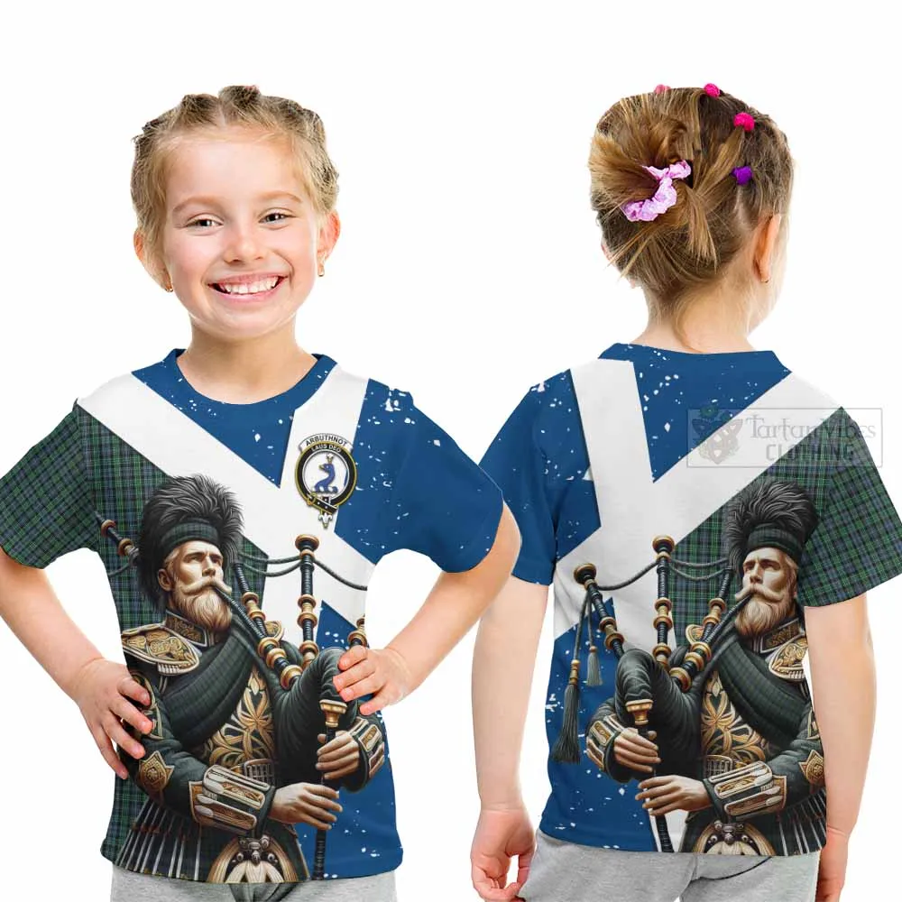 Arbuthnot Tartan Kid T-Shirt with Family Crest Scottish Bagpiper Vibes