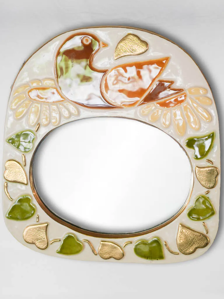 Arched mid-century modern mirror w/ red orange bird, sunflowers & hearts - Mithe Espelt (1924-2021) - 11 x 10¼"