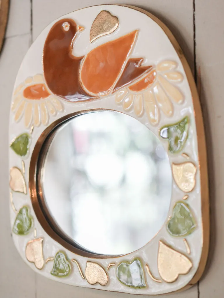 Arched mid-century modern mirror w/ red orange bird, sunflowers & hearts - Mithe Espelt (1924-2021) - 11 x 10¼"