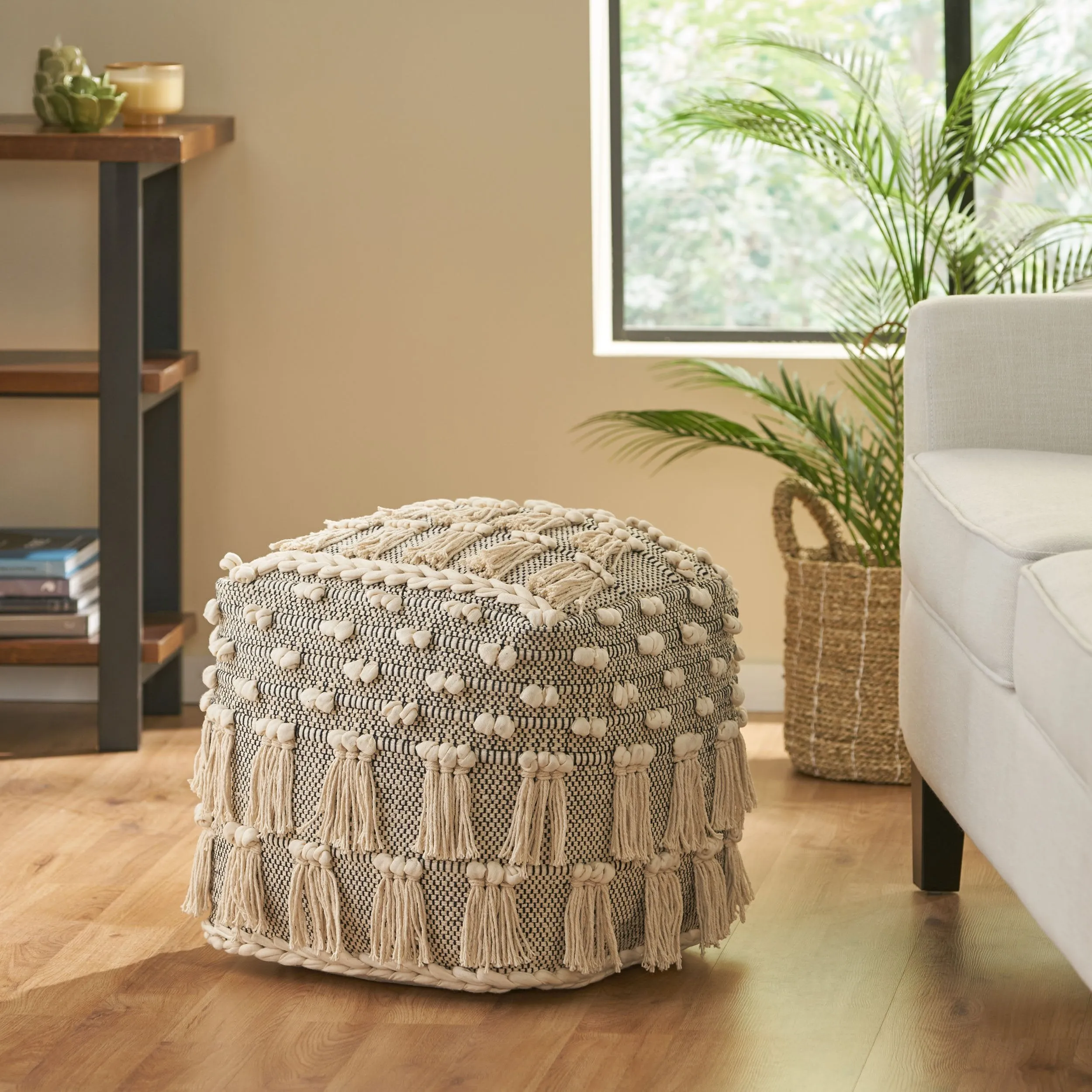 Arcola Handcrafted Boho Fabric Cube Pouf with Tassels