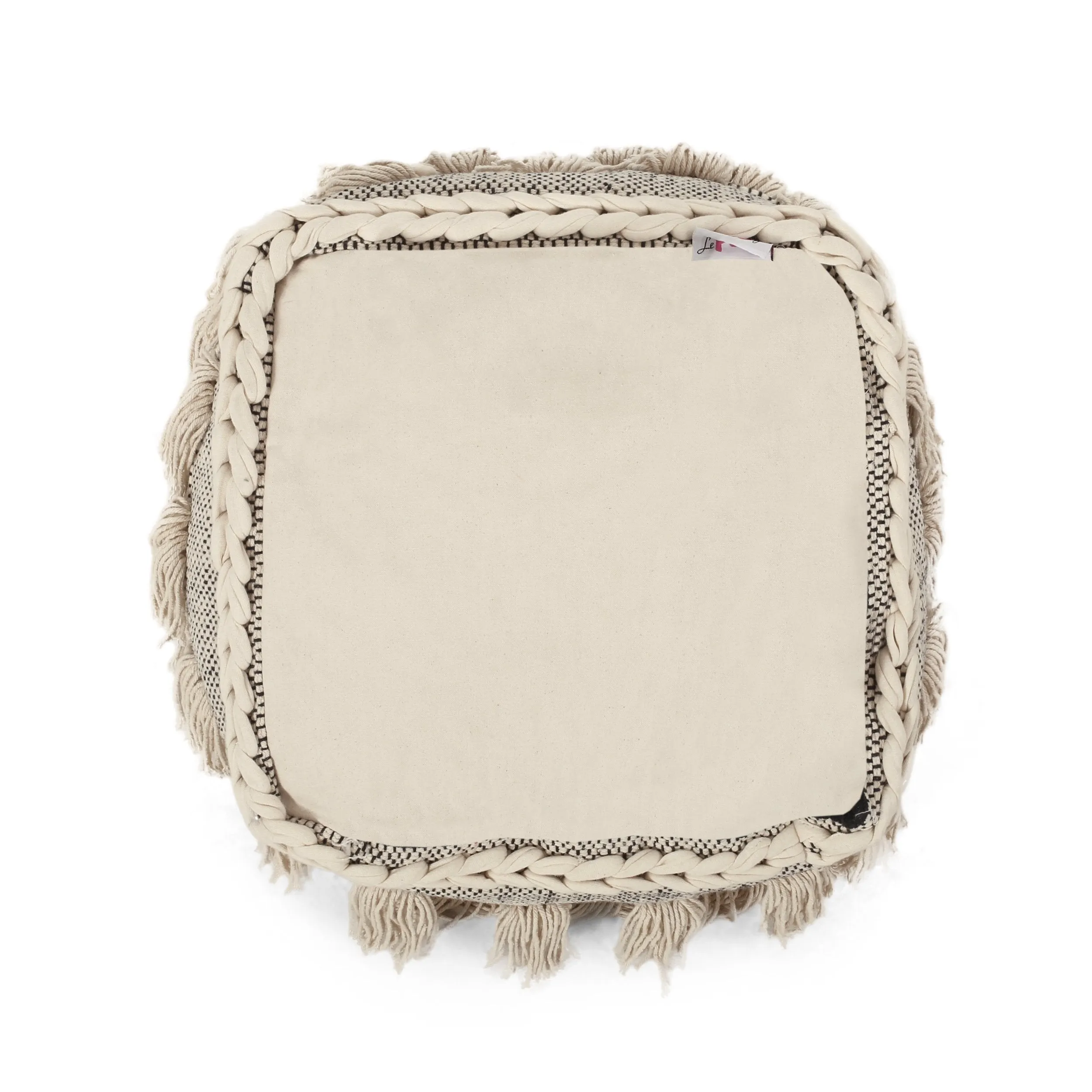 Arcola Handcrafted Boho Fabric Cube Pouf with Tassels