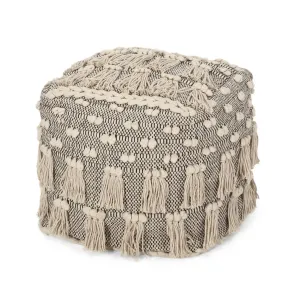 Arcola Handcrafted Boho Fabric Cube Pouf with Tassels