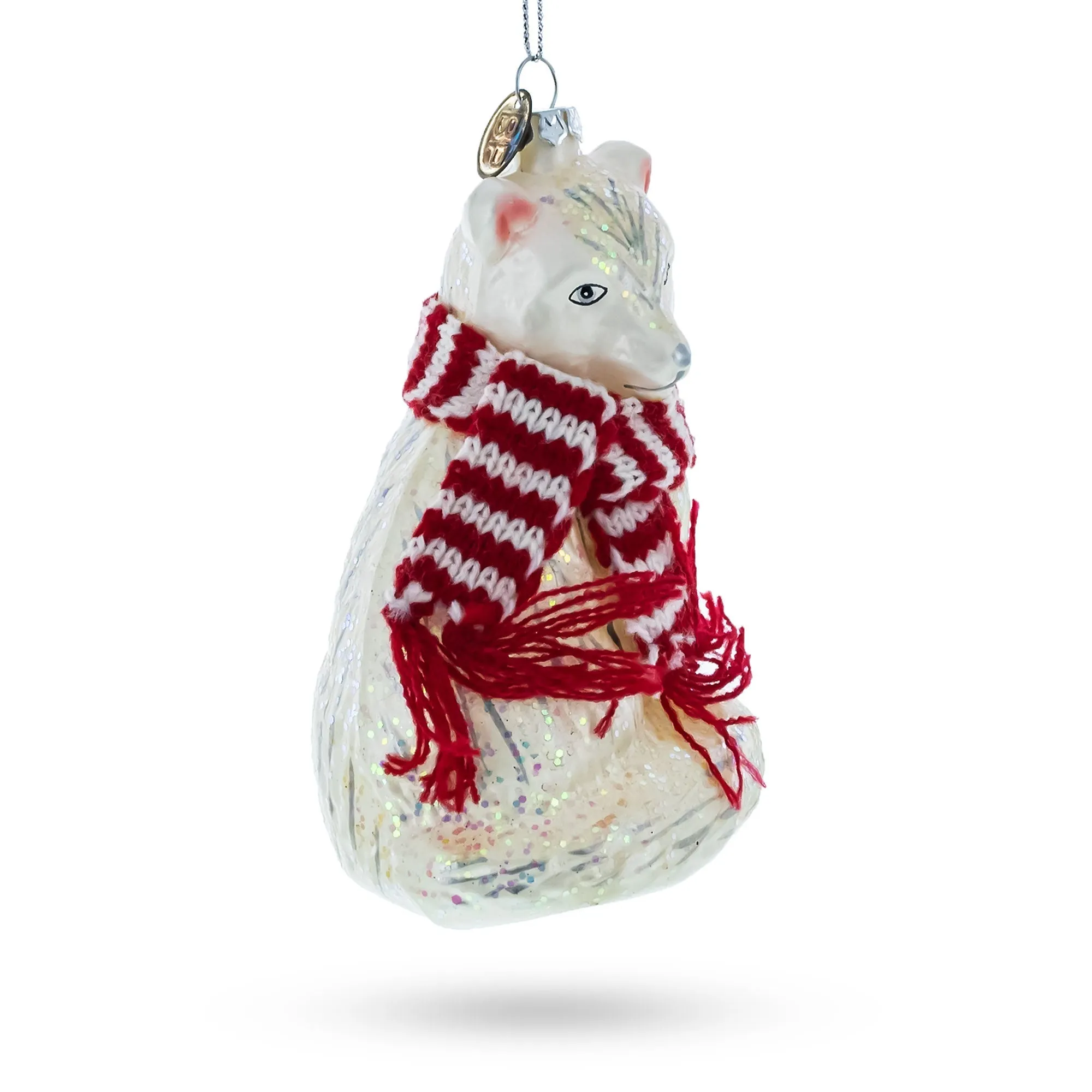 Arctic Fox With Scarf - Blown Glass Christmas Ornament