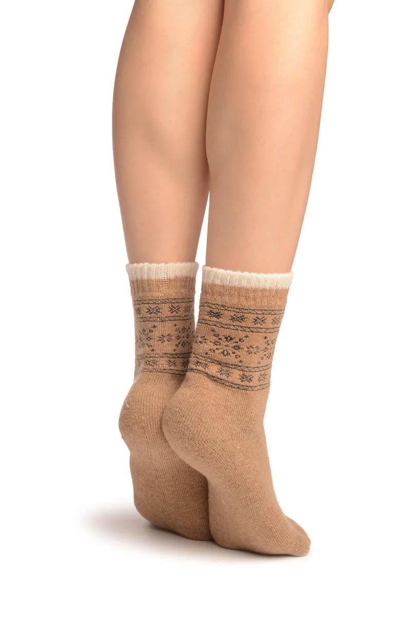 Arctic Snowflakes On Beige Angora Ankle High Socks