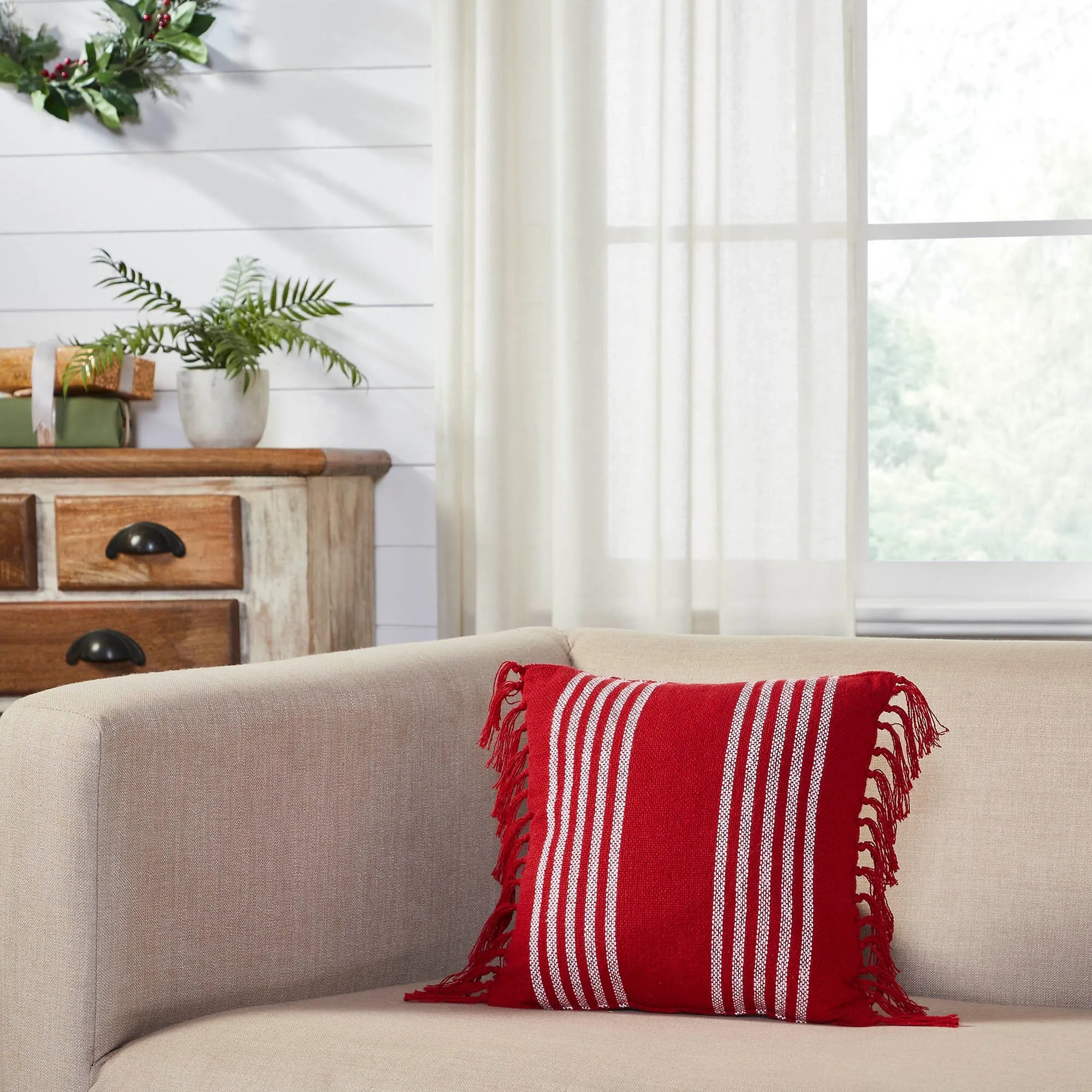 Arendal Red Stripe Fringed Pillow 12"