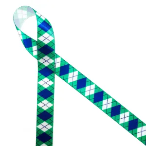 Argyle Ribbon in Blue and Green printed on 5/8" White Single Face Satin Ribbon