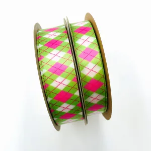 Argyle Ribbon in Pink and Green on 5/8" and 7/8" Single Face Satin Ribbon