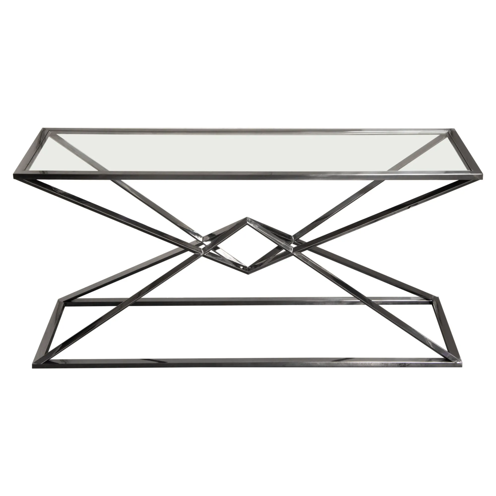 Aria Rectangle Stainless Steel Console Table w/ Polished Black Finish Base & Clear, Tempered Glass Top by Diamond Sofa