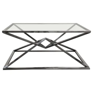 Aria Square Stainless Steel Cocktail Table w/ Polished Black Finish Base & Clear, Tempered Glass Top by Diamond Sofa