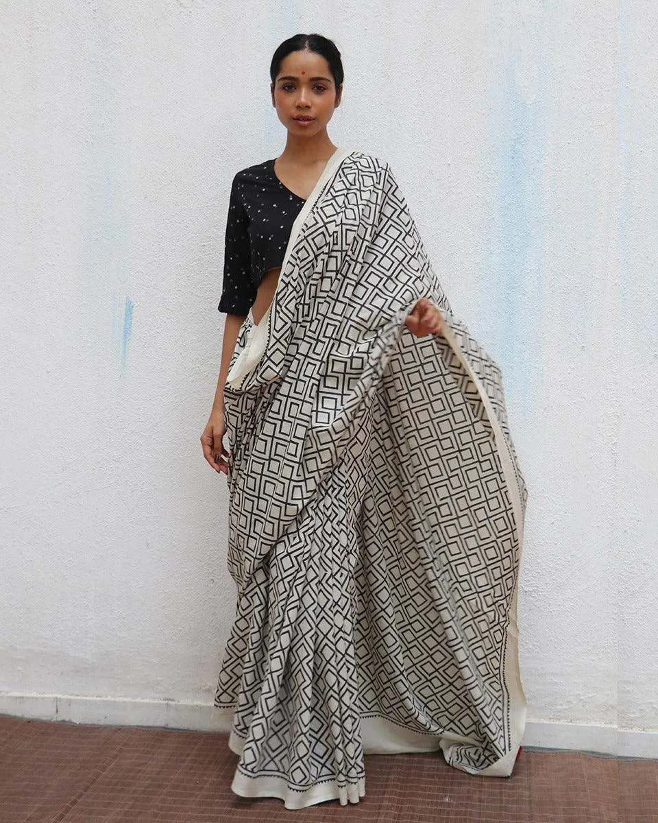 Ariadne Ivory Handblock Printed Cotton Saree