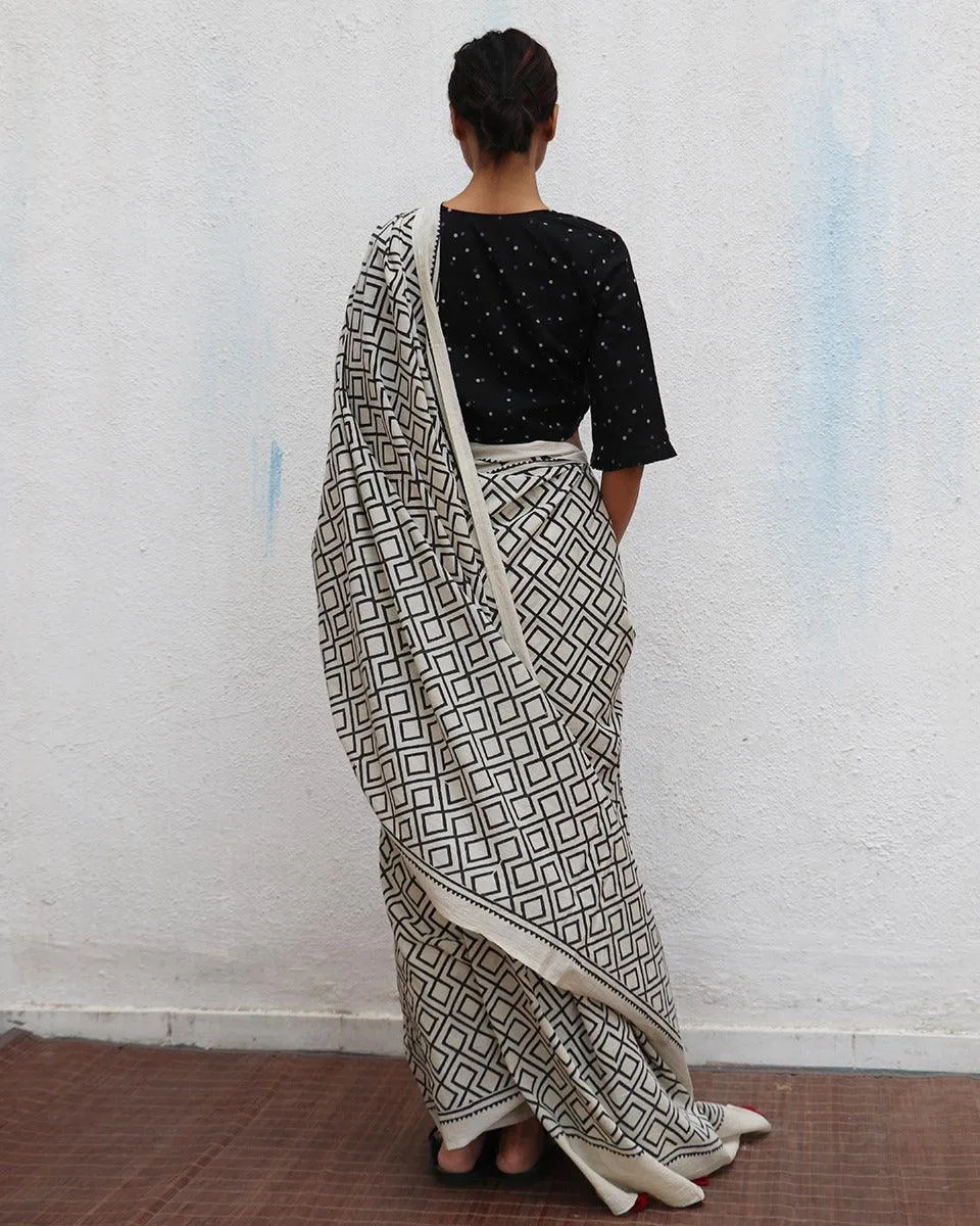 Ariadne Ivory Handblock Printed Cotton Saree