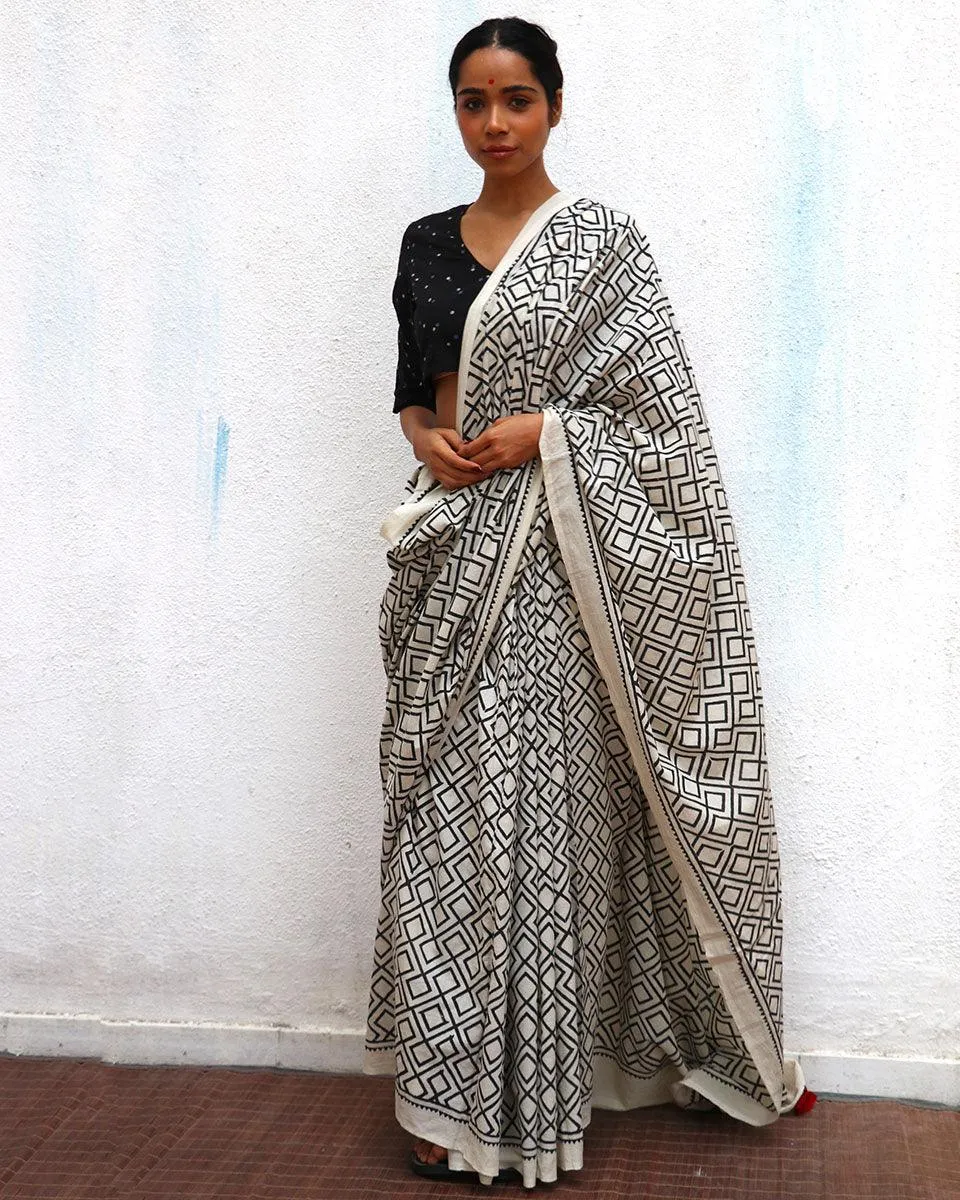 Ariadne Ivory Handblock Printed Cotton Saree