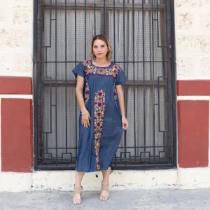 Ariana Embroidered Maxi Dress with Pockets - Denim with Multicolor Embroidery