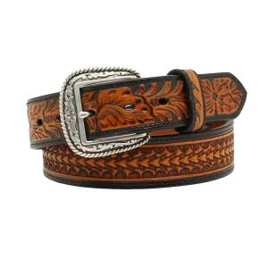 Ariat Men's Arrowhead Embossed Floral Tabs Black & Tan Leather Belt