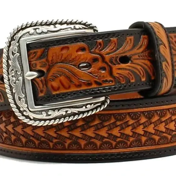 Ariat Men's Arrowhead Embossed Floral Tabs Black & Tan Leather Belt