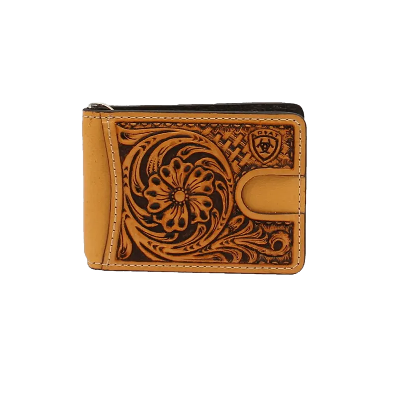 Ariat Men's Floral Embossed Tan Bi-Fold Money Clip Wallet