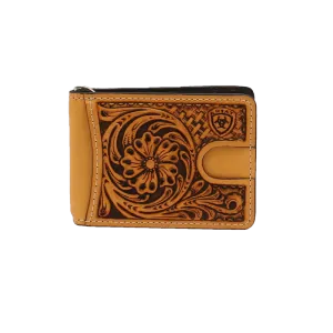 Ariat Men's Floral Embossed Tan Bi-Fold Money Clip Wallet