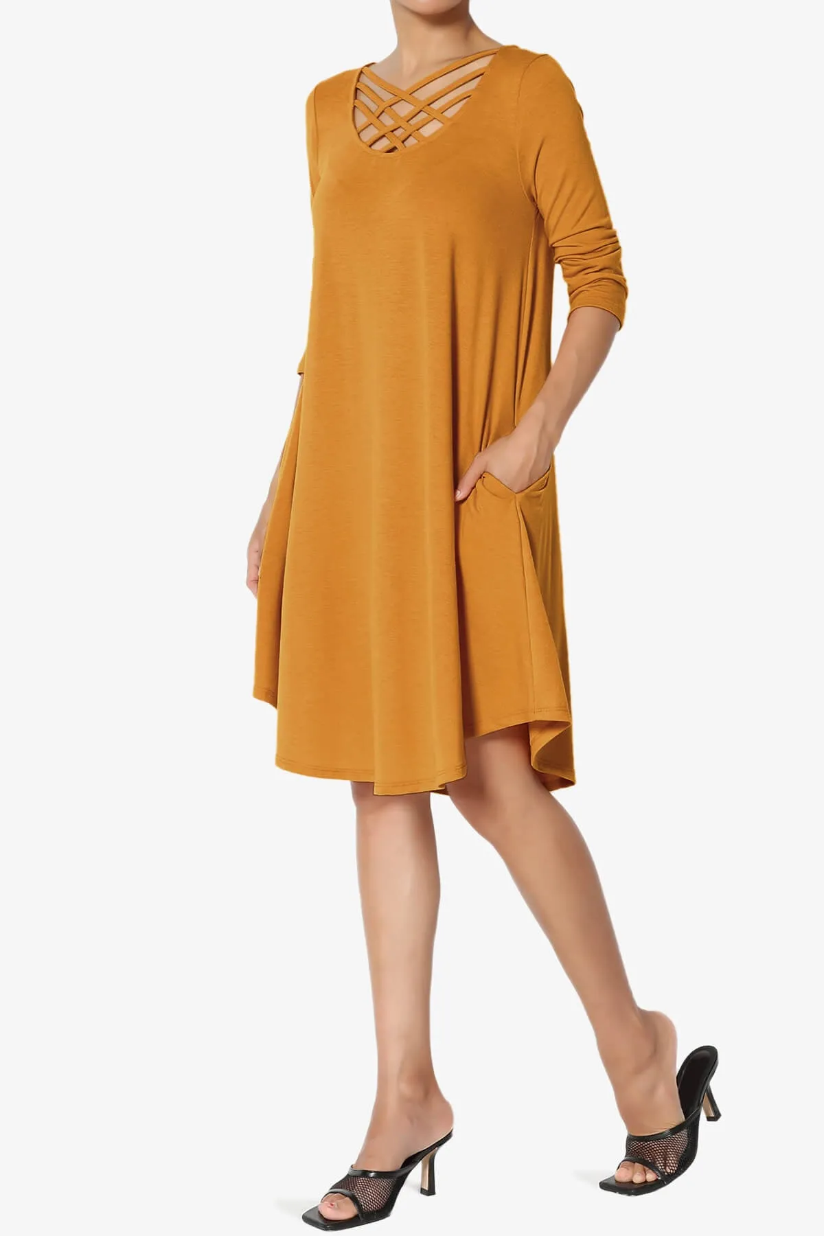 Ariella 3/4 Sleeve Strappy Scoop Neck Dress