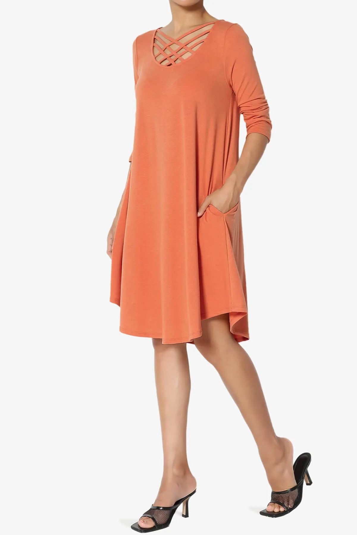 Ariella 3/4 Sleeve Strappy Scoop Neck Dress