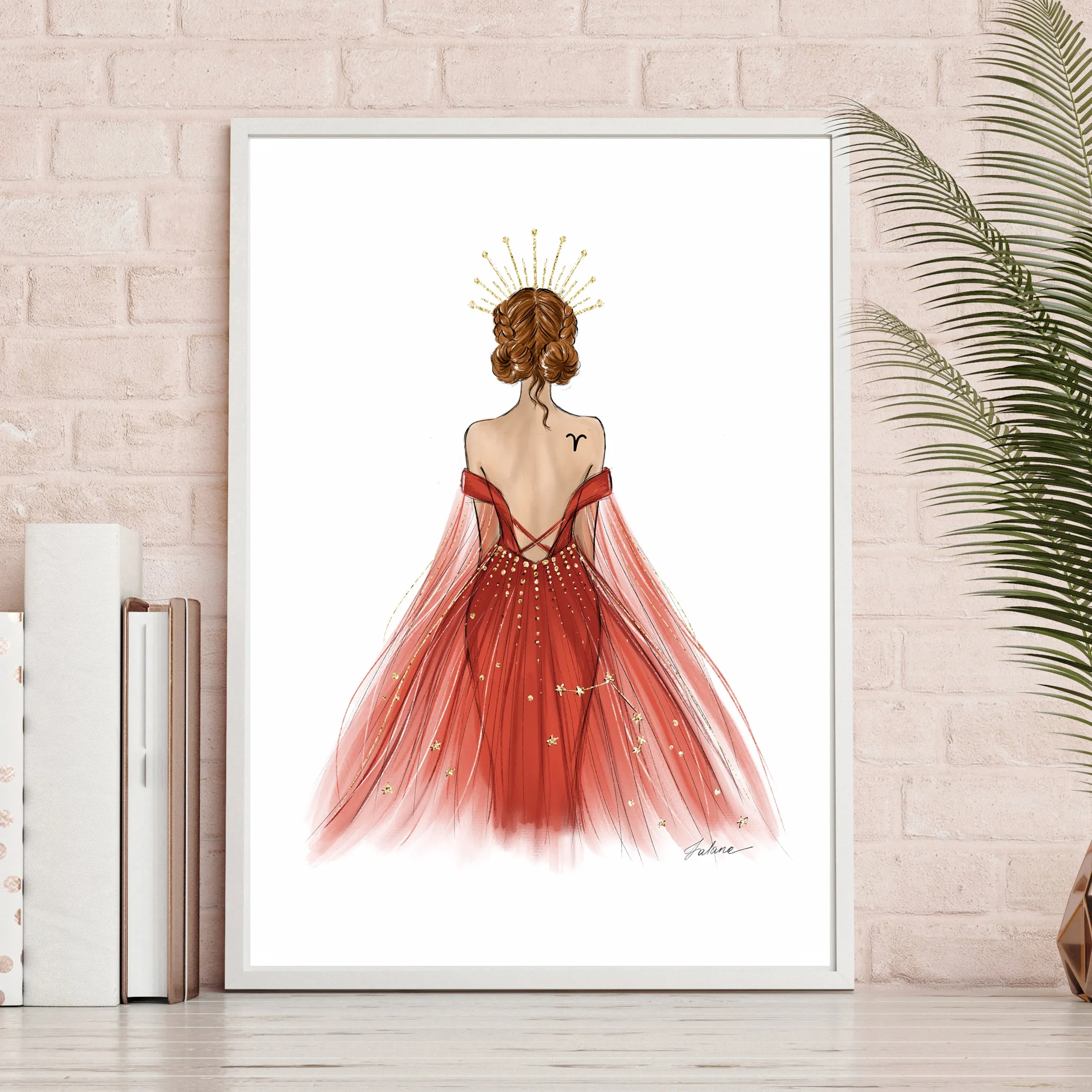 Aries Sign Girl in red dress Zodiac inspired fashion illustration art print