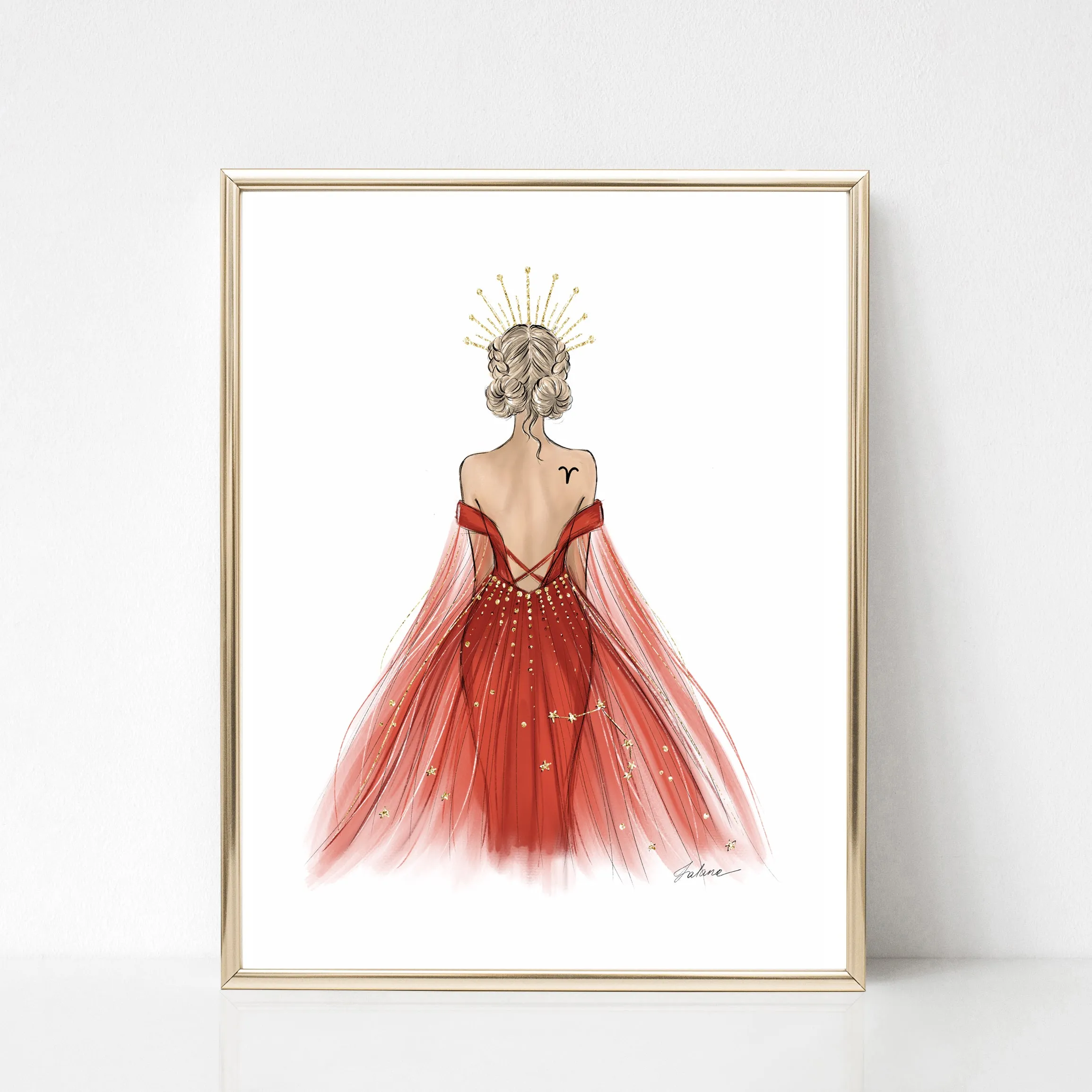 Aries Sign Girl in red dress Zodiac inspired fashion illustration art print