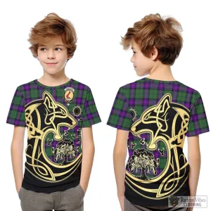 Armstrong Modern Tartan Kid T-Shirt with Family Crest Celtic Wolf Style