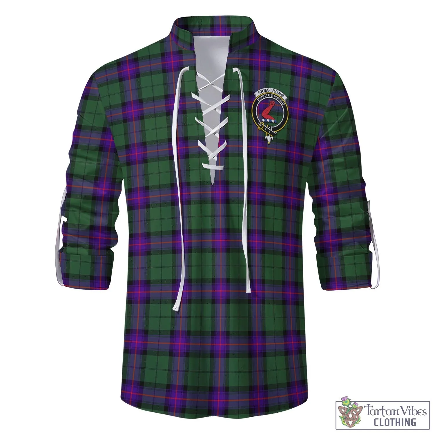 Armstrong Modern Tartan Men's Scottish Traditional Jacobite Ghillie Kilt Shirt with Family Crest