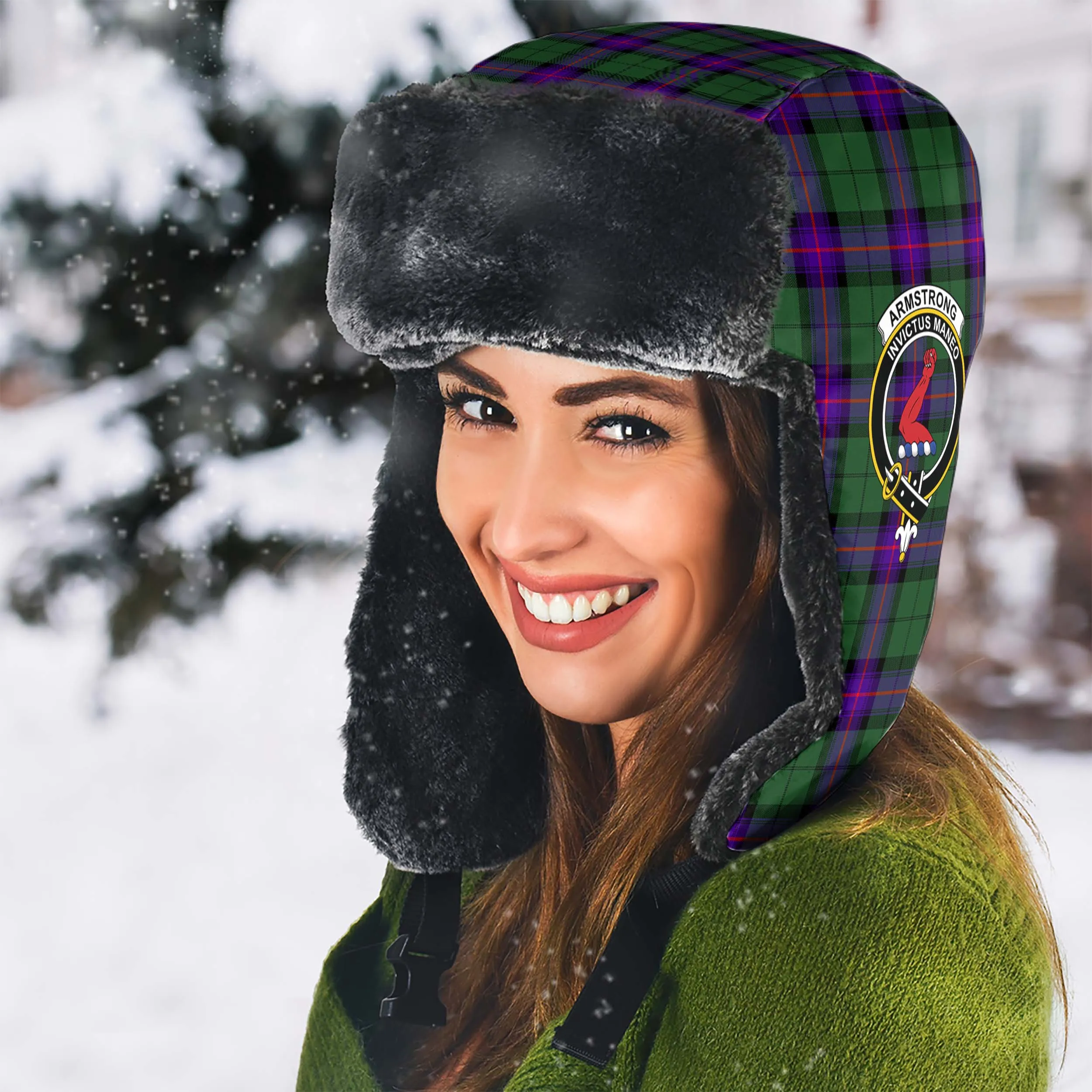 Armstrong Modern Tartan Winter Trapper Hat with Family Crest