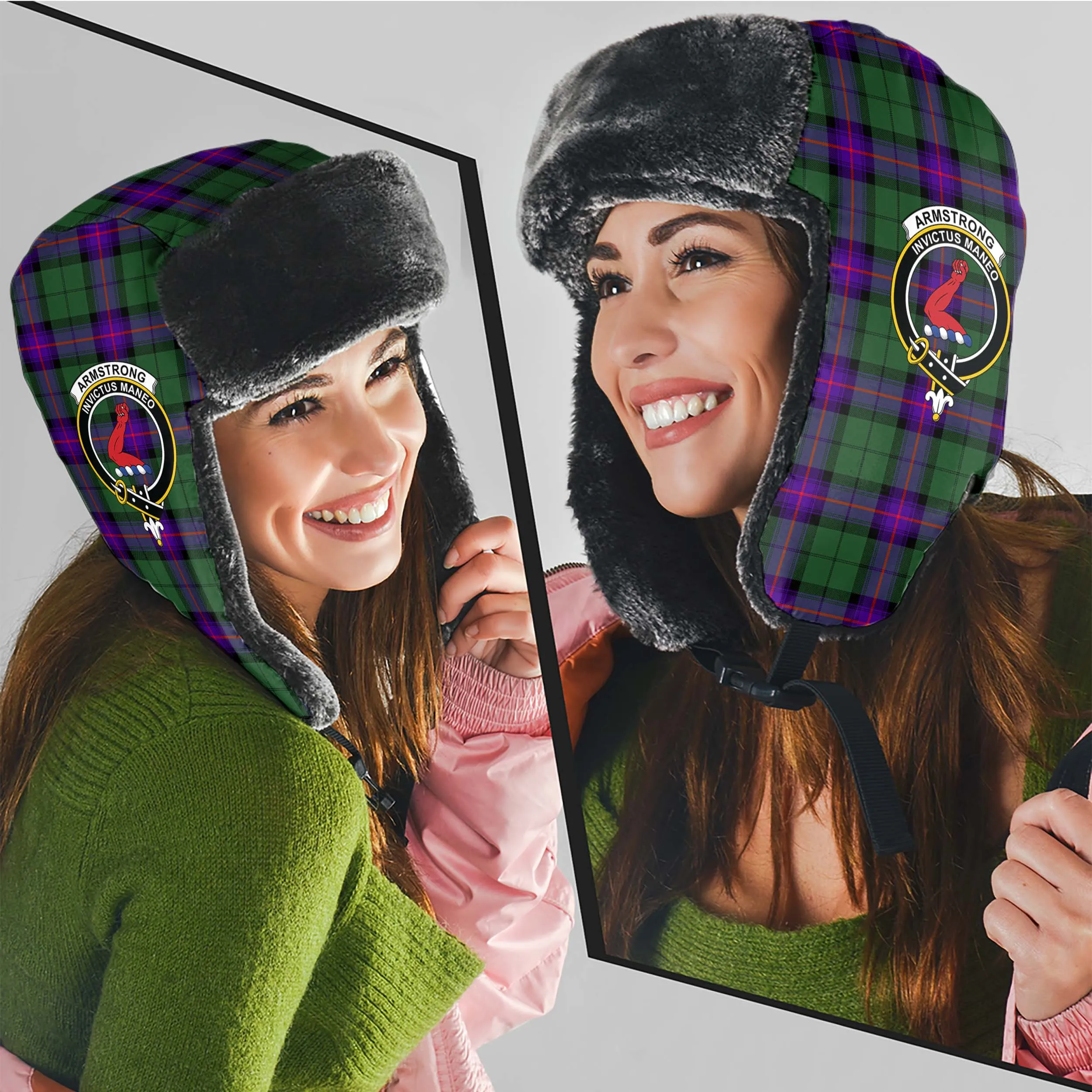 Armstrong Modern Tartan Winter Trapper Hat with Family Crest