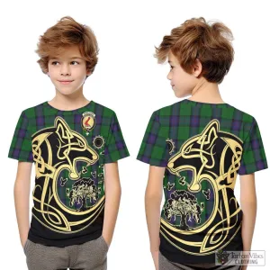 Armstrong Tartan Kid T-Shirt with Family Crest Celtic Wolf Style