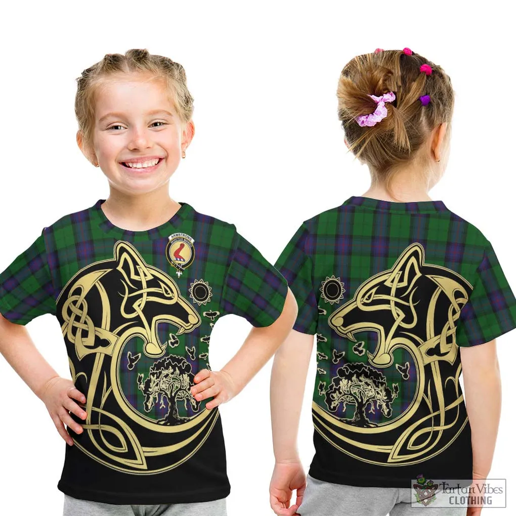 Armstrong Tartan Kid T-Shirt with Family Crest Celtic Wolf Style